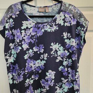 CHICO'S: Floral Print. Sequined Shoulders. Sleeveless. Size: 2